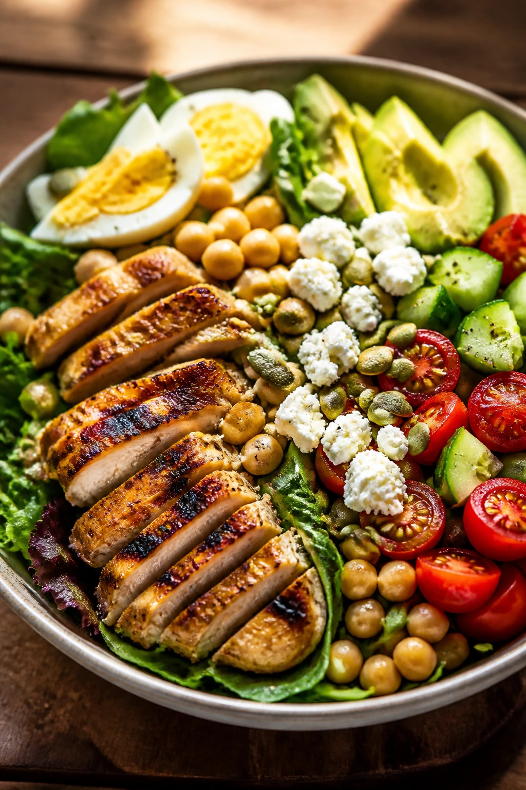 Close-up of substantial salad ingredients: chicken, chickpeas, feta, avocado, pumpkin seeds in greens