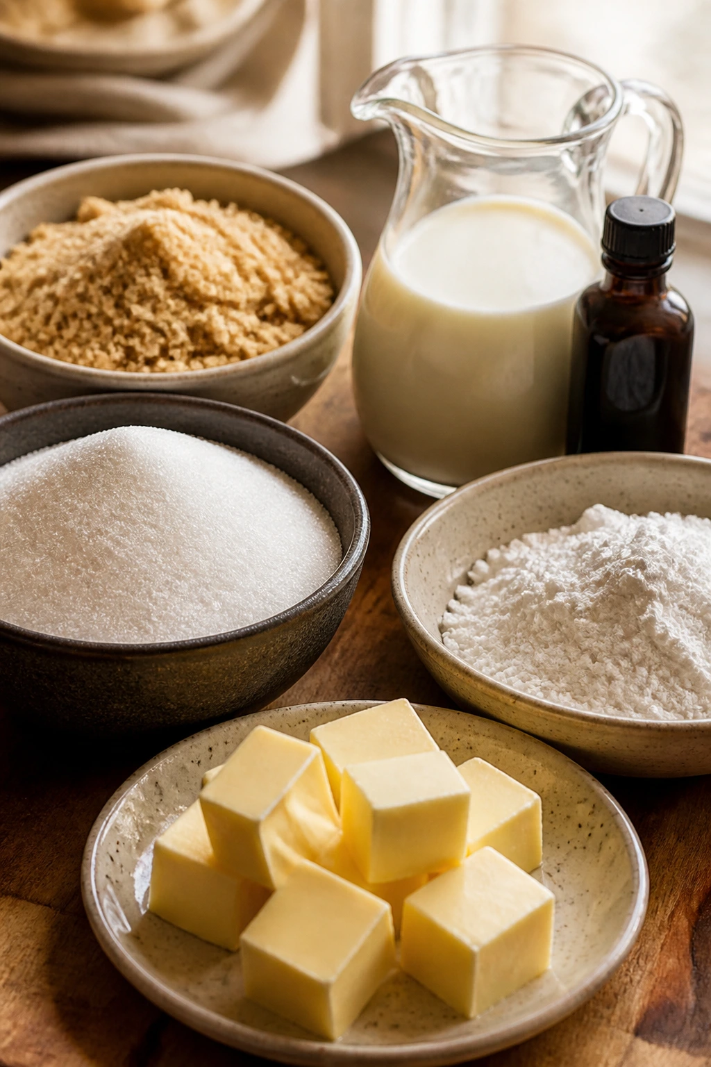 Assorted candy base and frosting ingredients arranged on wooden counter