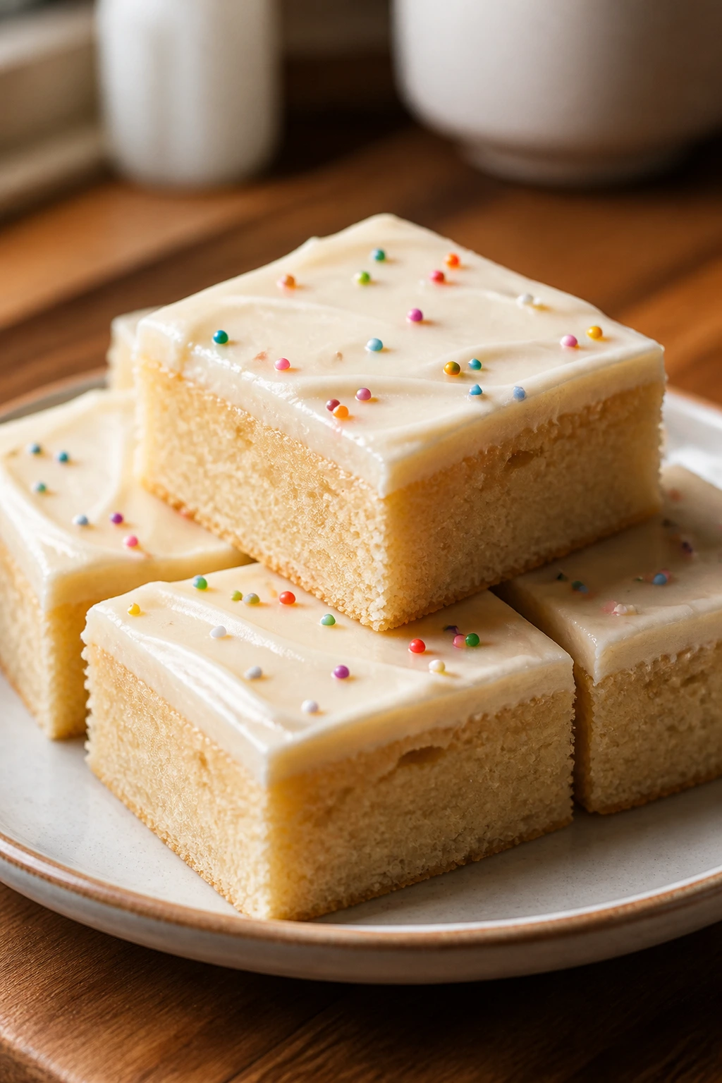 Close-up of pale sugar cookie bars cut into neat squares on a plate