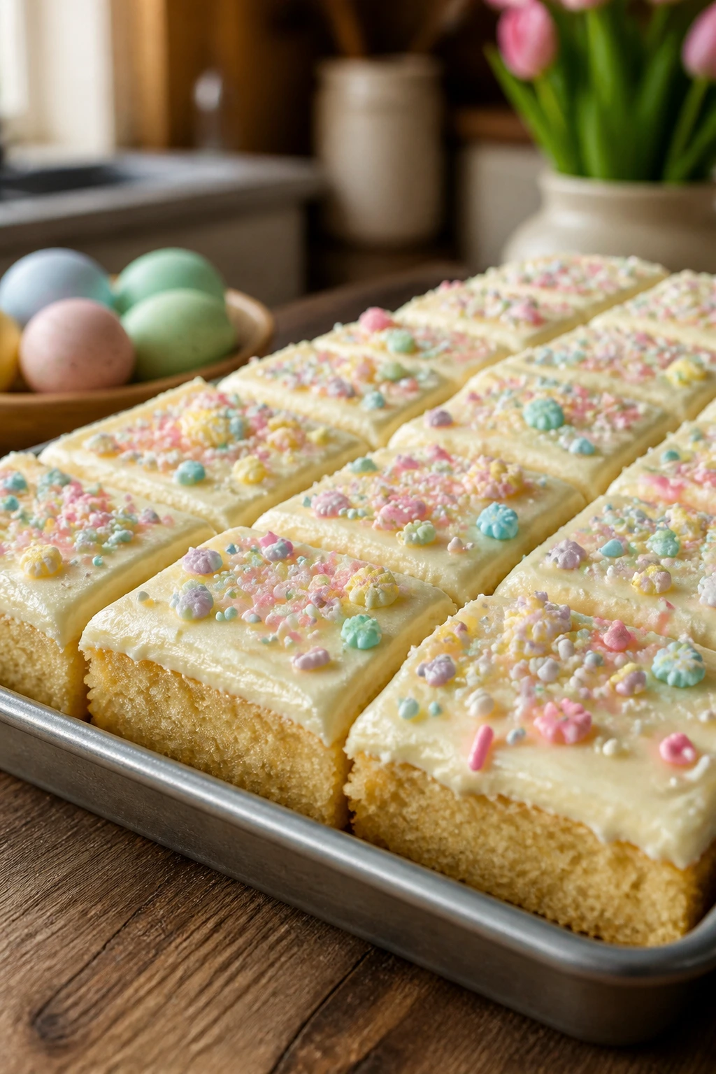 Close-up of pale frosted sugar cookie bars in a pan with pastel sprinkles on a rustic kitchen counter.