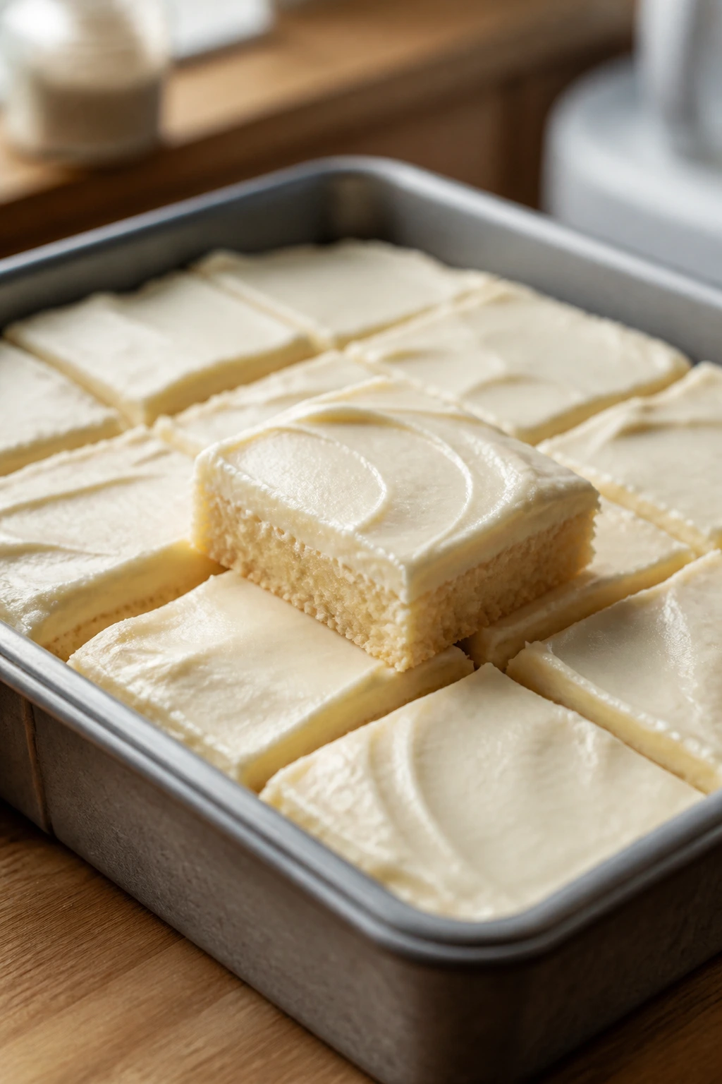 Pan of sugar cookie bars with cream cheese frosting in a cozy kitchen