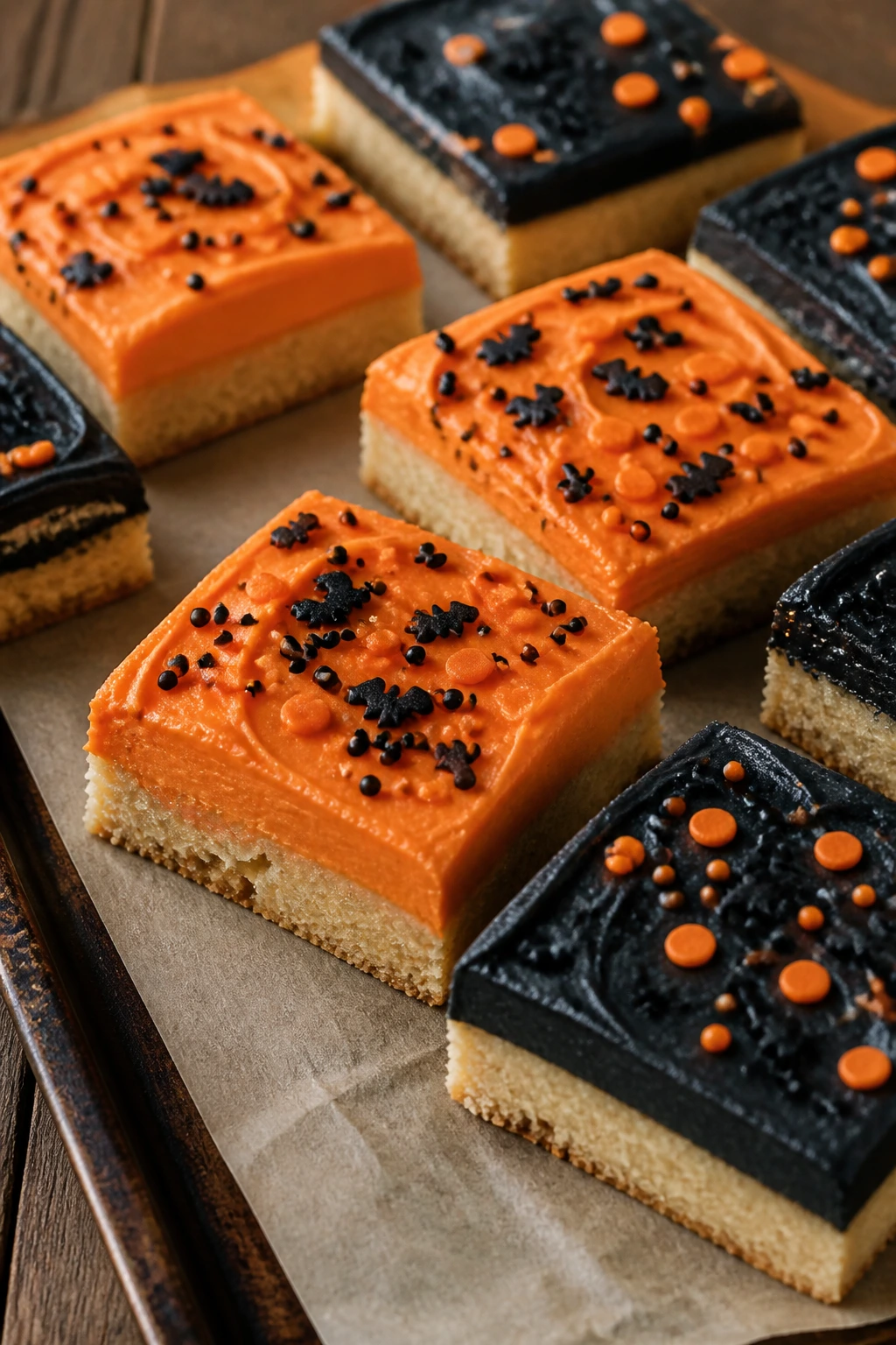 Orange and black frosted sugar cookie bars on parchment-lined tray