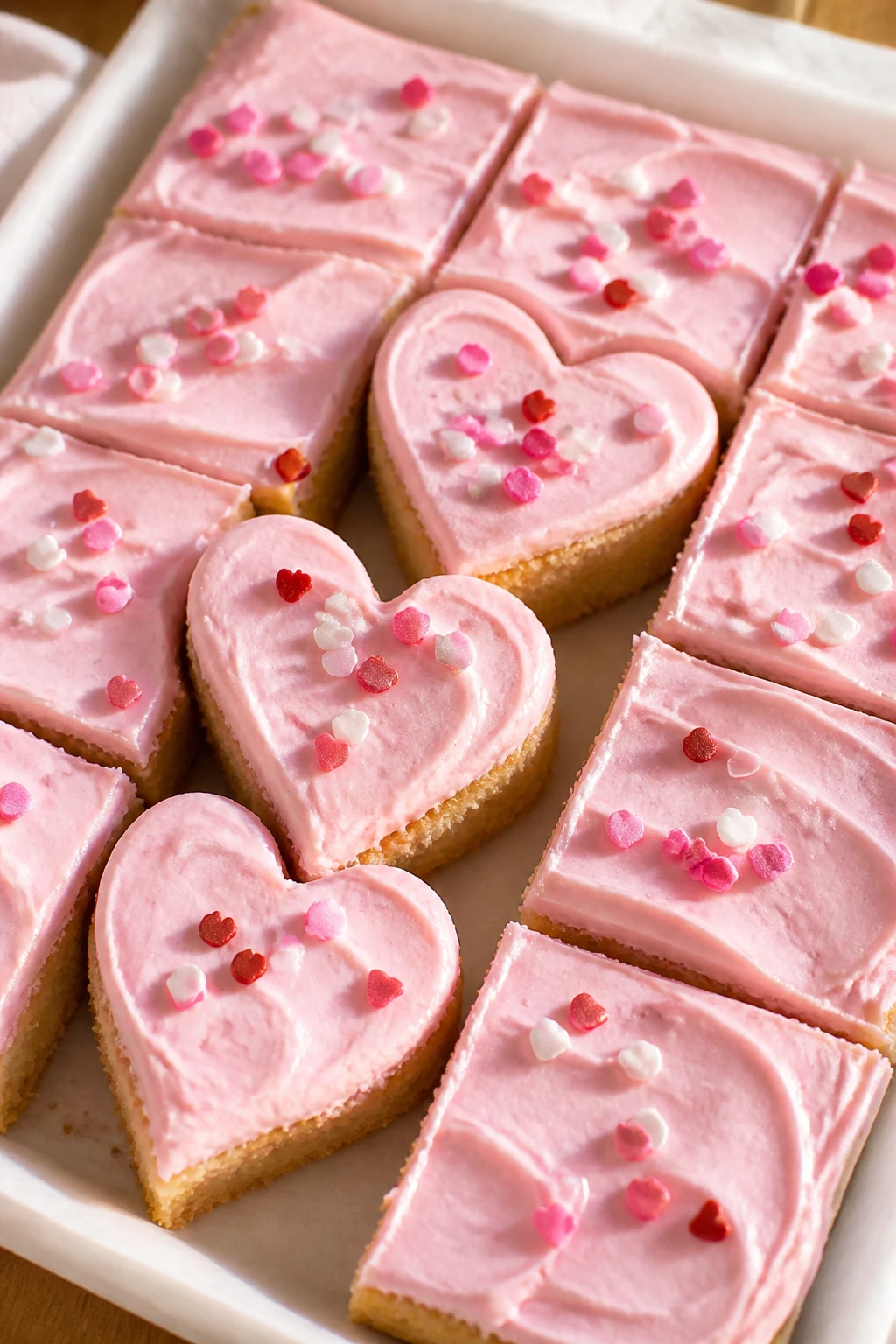 Close-up of heart-shaped sugar cookie bars with pink frosting