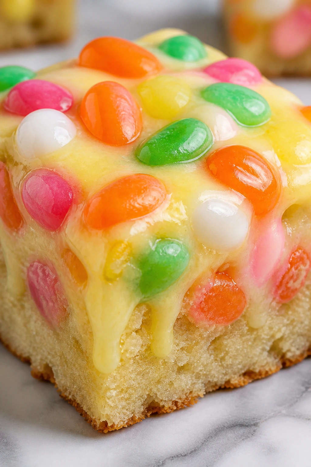 Close-up of jelly bean sugar cookie bar with lemon glaze and jelly beans