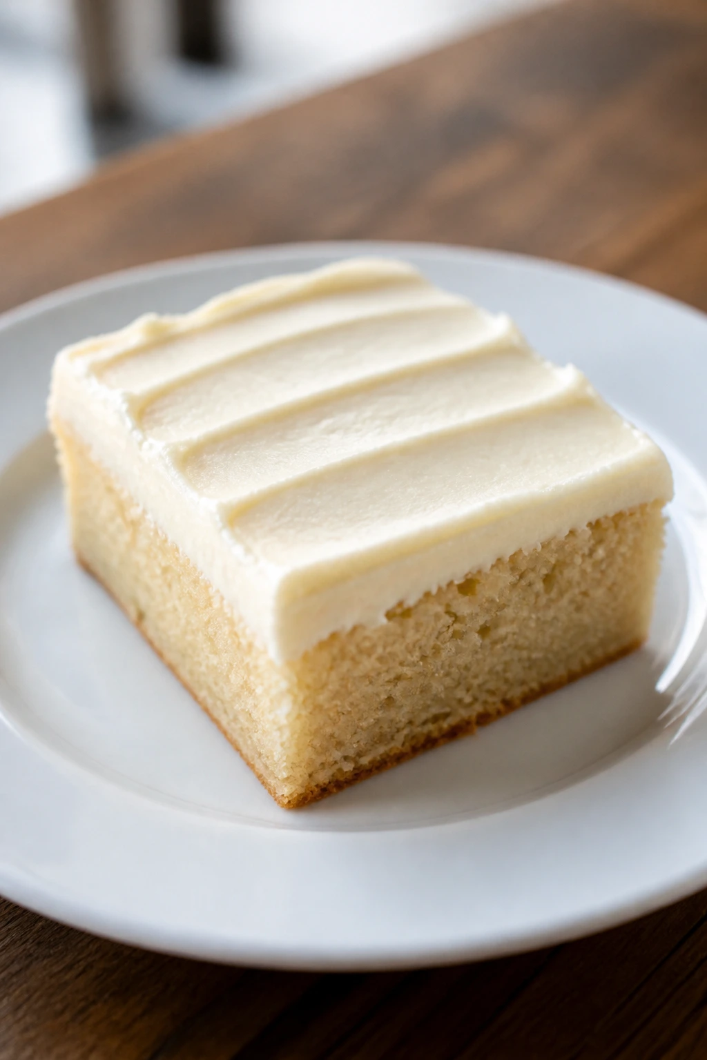 Neatly cut sugar cookie bar square with cream cheese frosting on a plate.