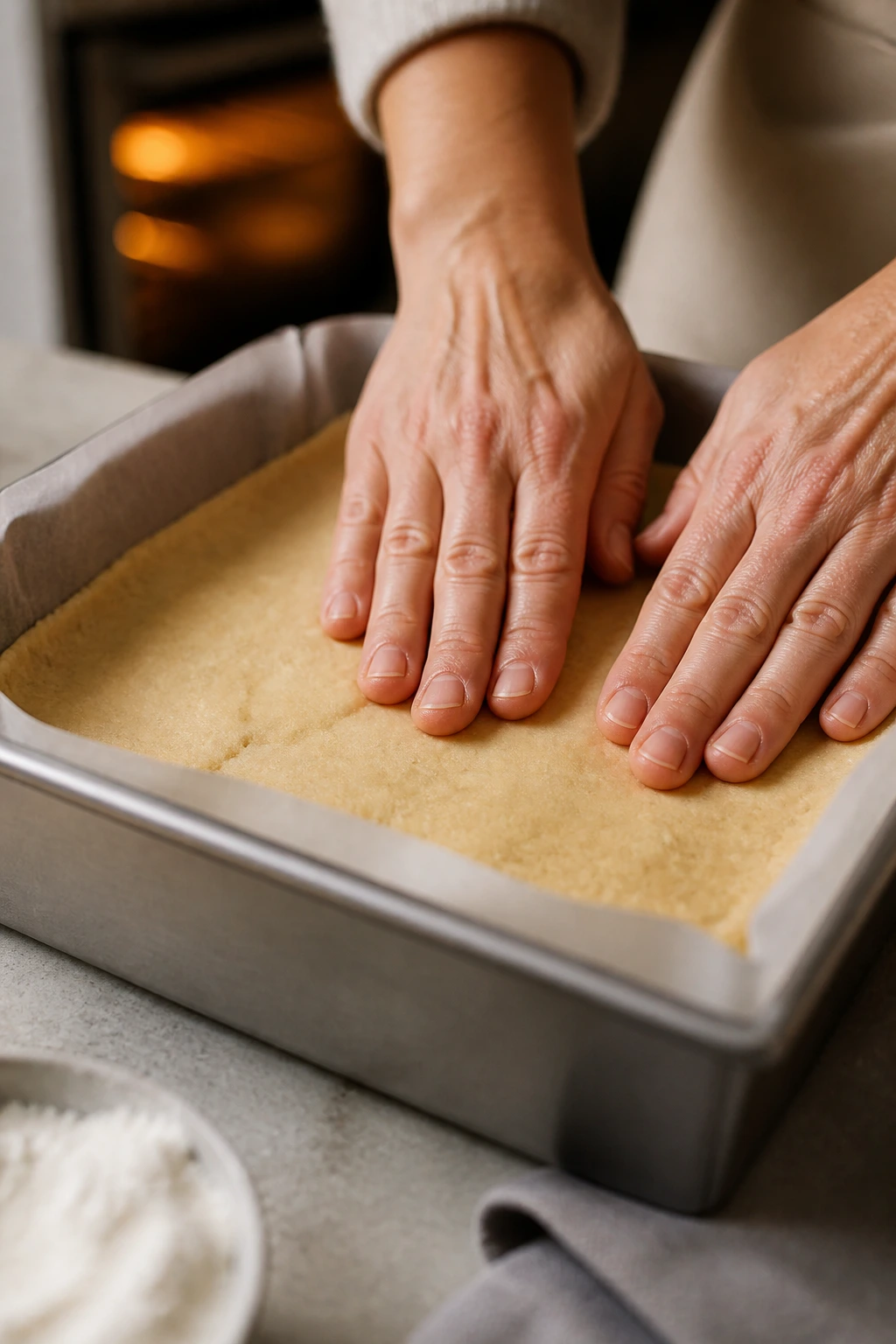 Close-up of fingertips pressing sugar cookie dough into a parchment-lined pan.