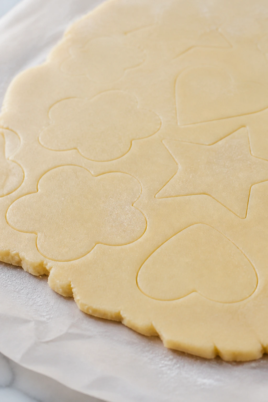 Close-up of rolled sugar cookie dough on parchment