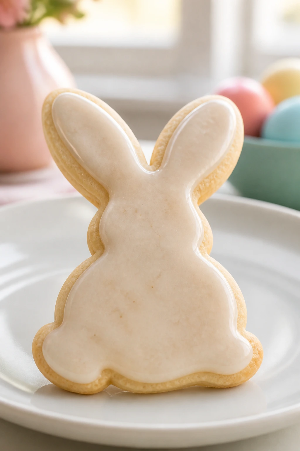 Close-up of a bunny-shaped sugar cookie on a plate.