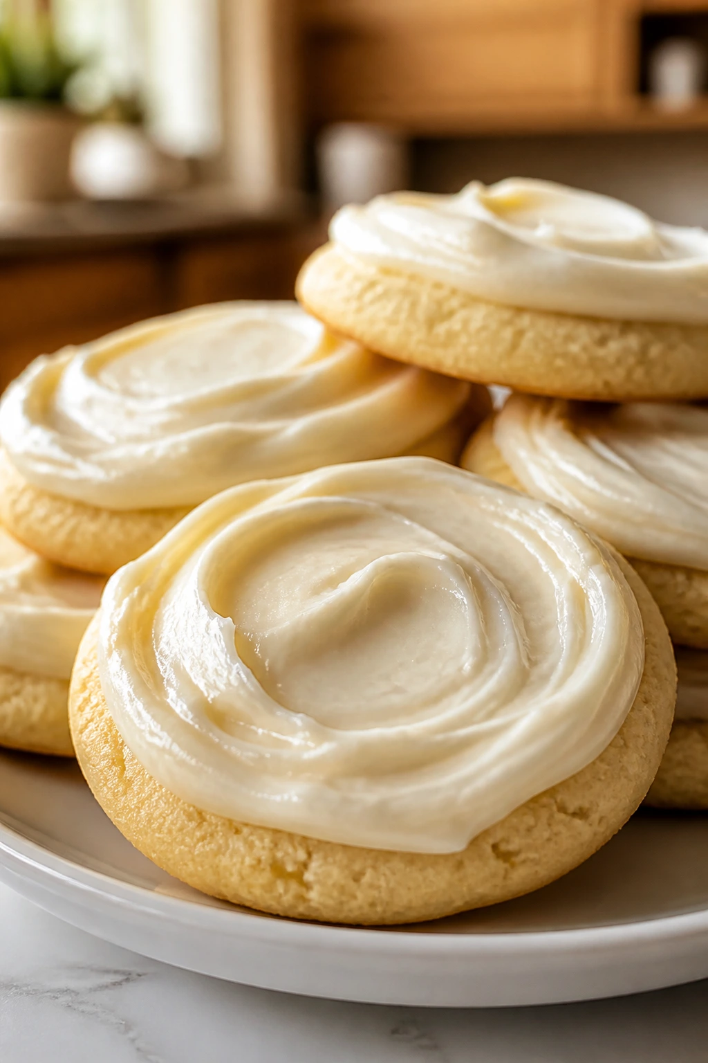 Close-up of thick sugar cookies with cream cheese frosting on white plate