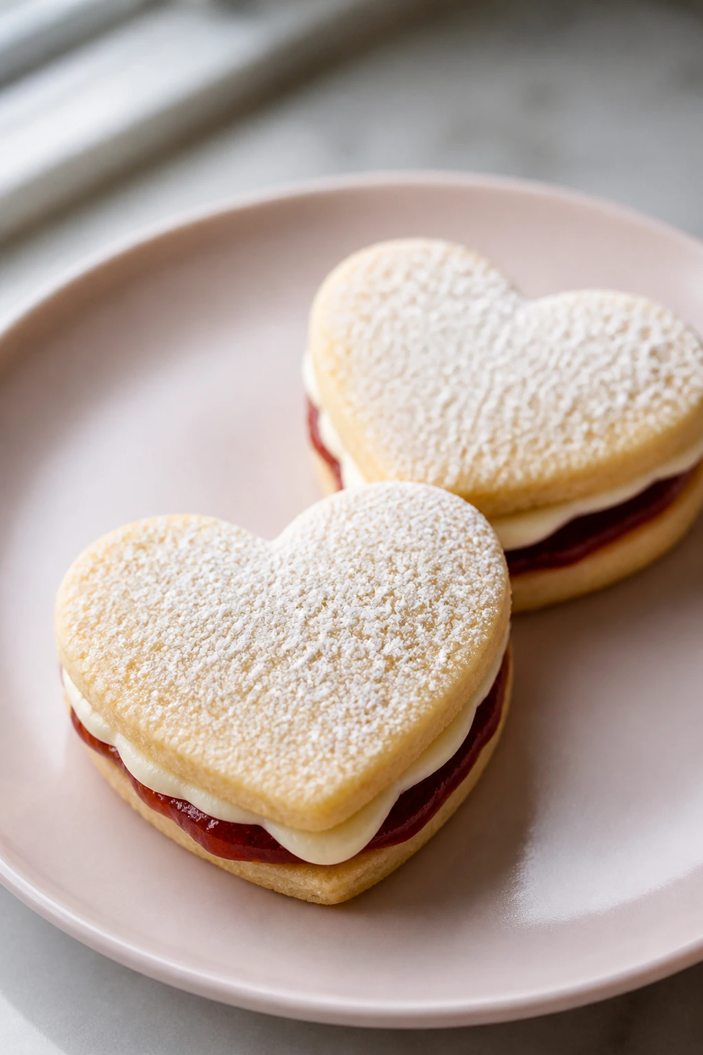 Close-up of heart-shaped sugar cookie sandwiches with jam filling