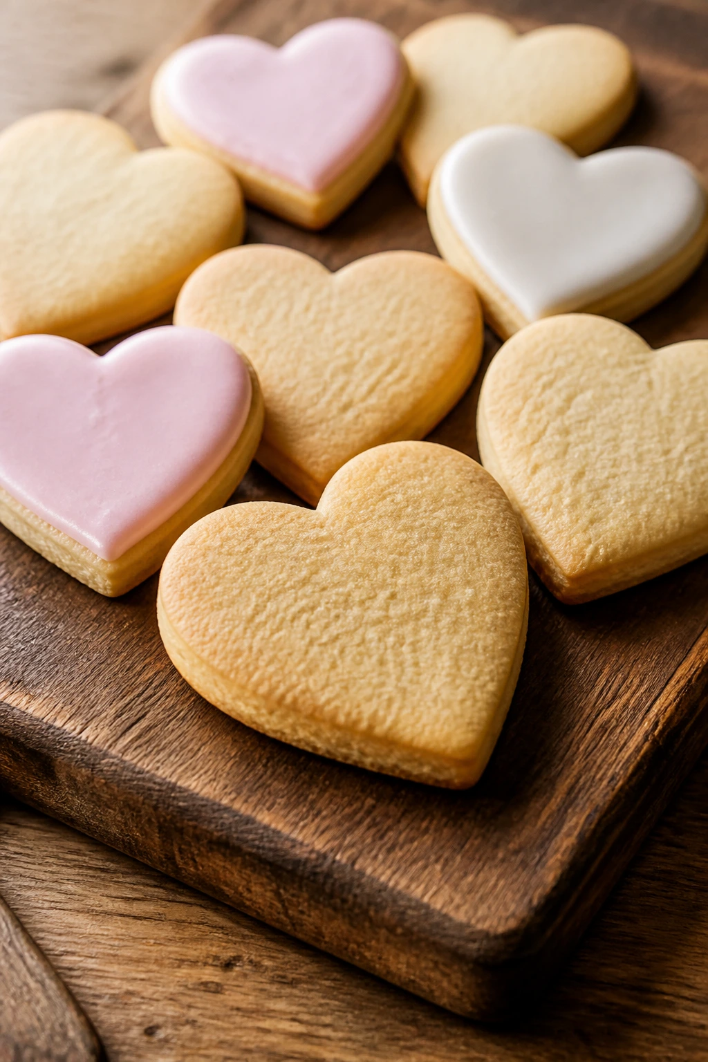 Close-up of heart-shaped sugar cookies on wooden board.