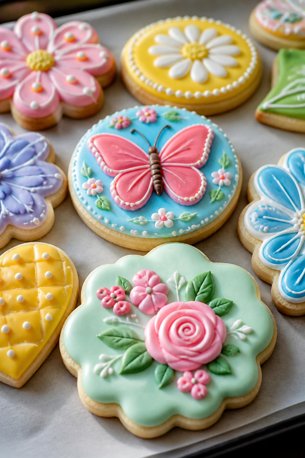 Close-up of decorated sugar cookies with royal icing on parchment
