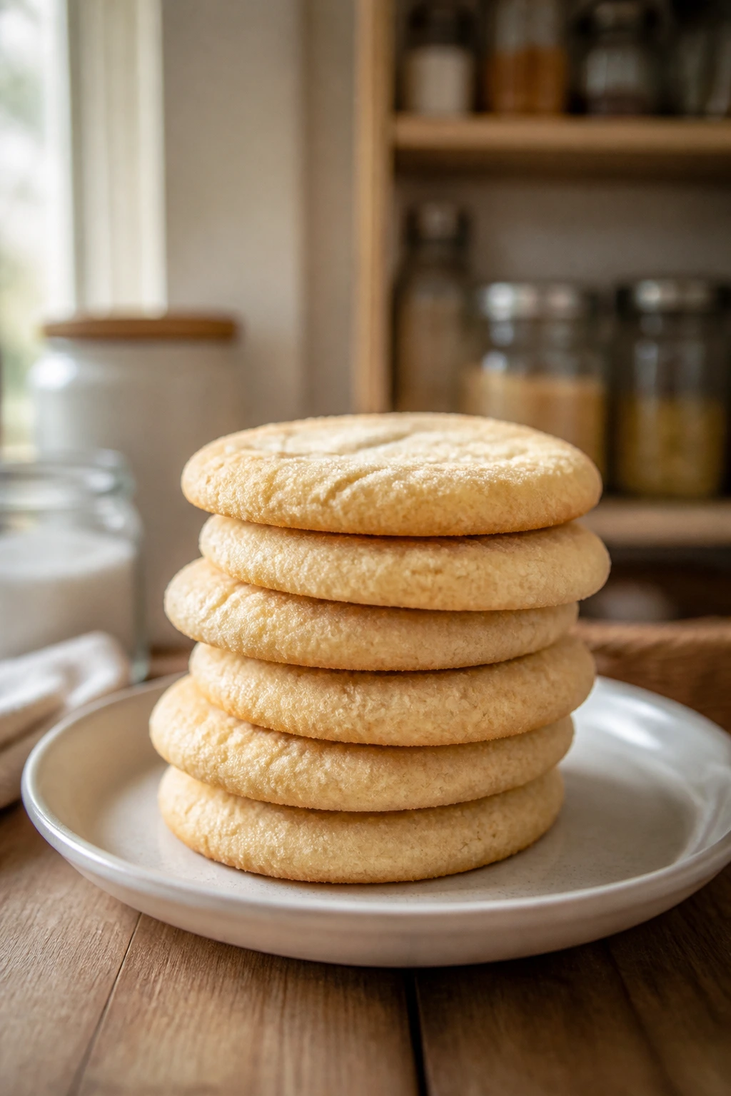 Stack of plain sugar cookies on a plate with a blurred pantry background
