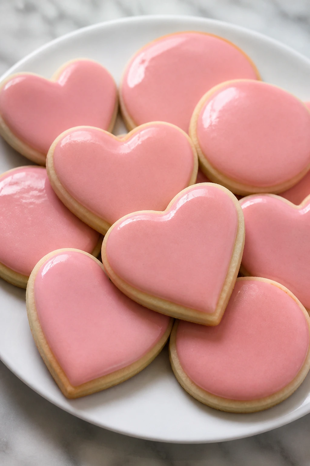Close-up of pink-glazed sugar cookies in heart and circle shapes