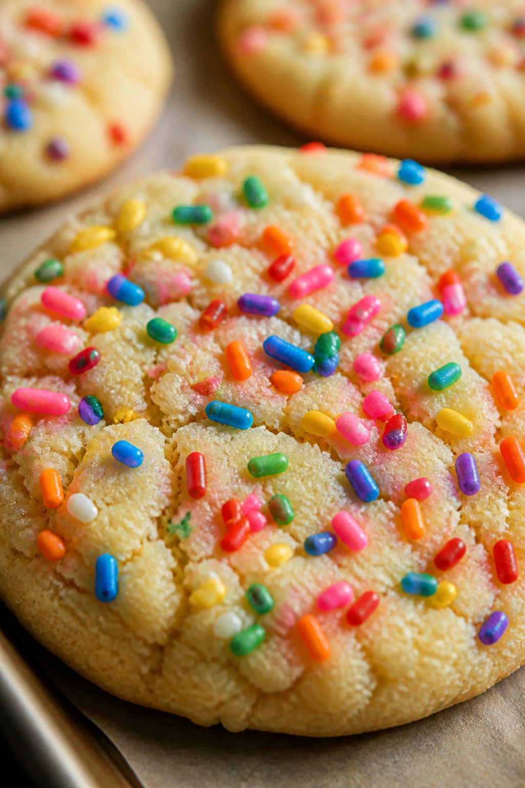 Close-up of sprinkle-topped sugar cookies on parchment in a warm home kitchen