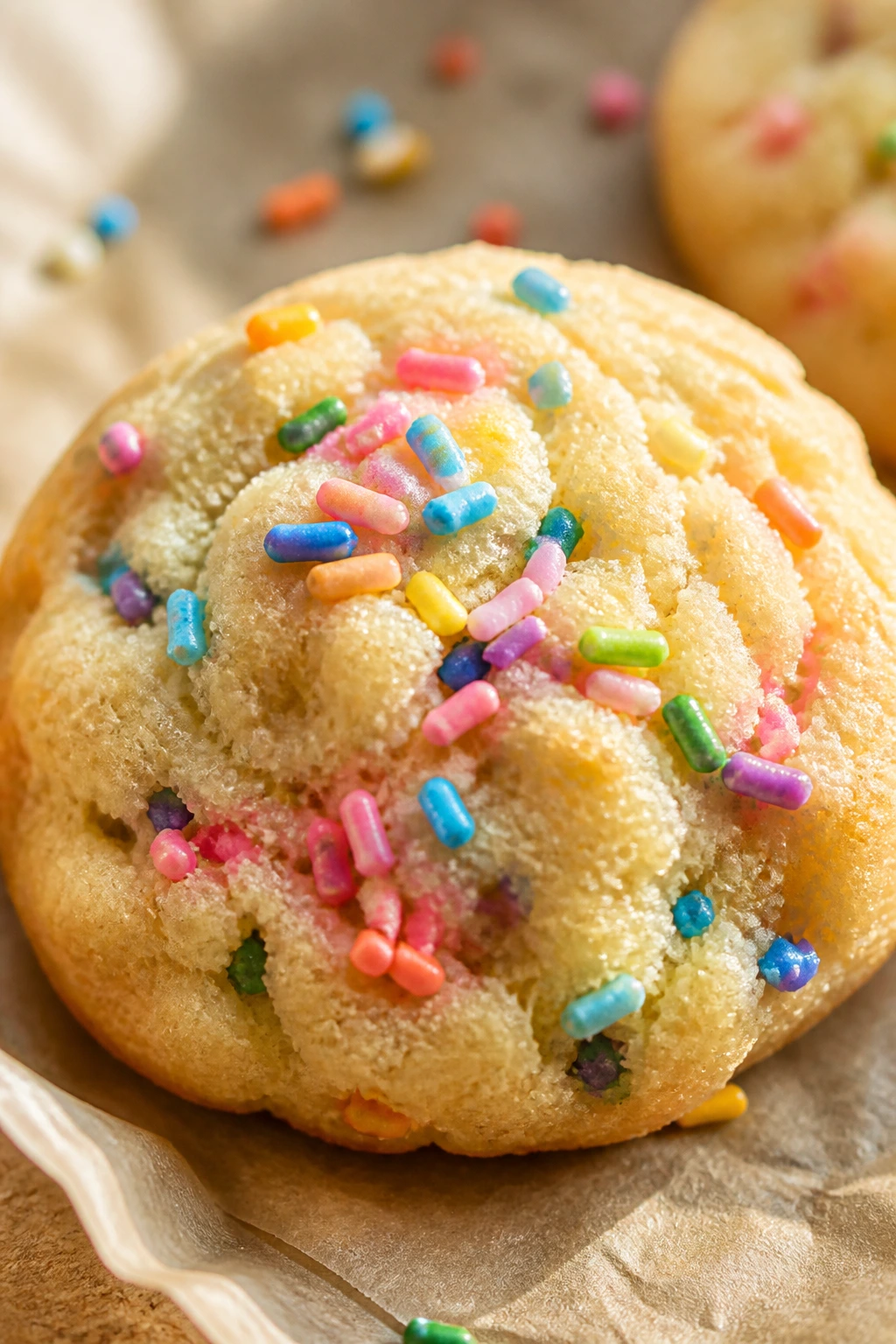 Close-up of Sprinkle Confetti Sugar Cookie with pastel sprinkles