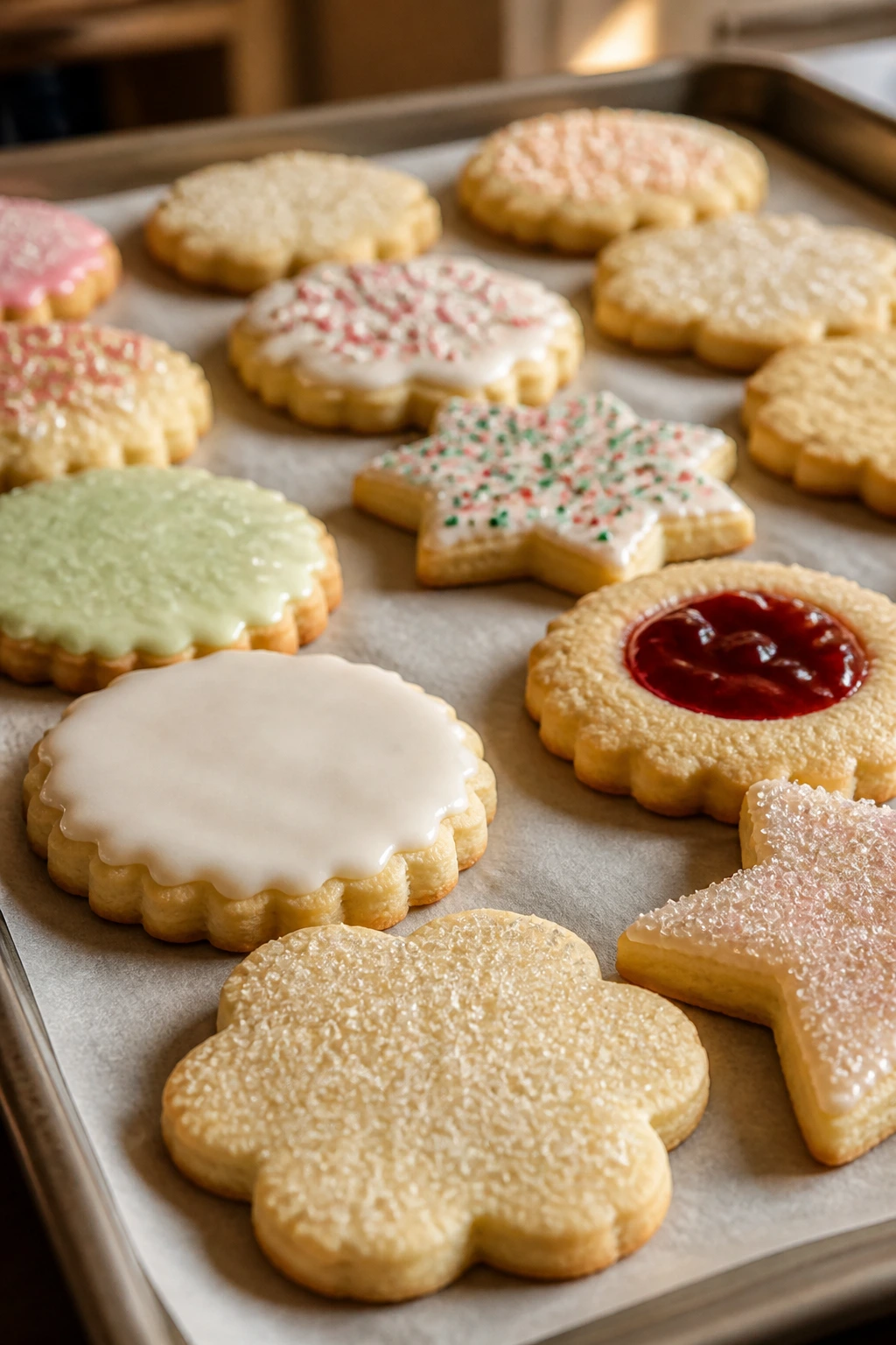 Close-up of sugar cookies on parchment-lined tray with varied finishes