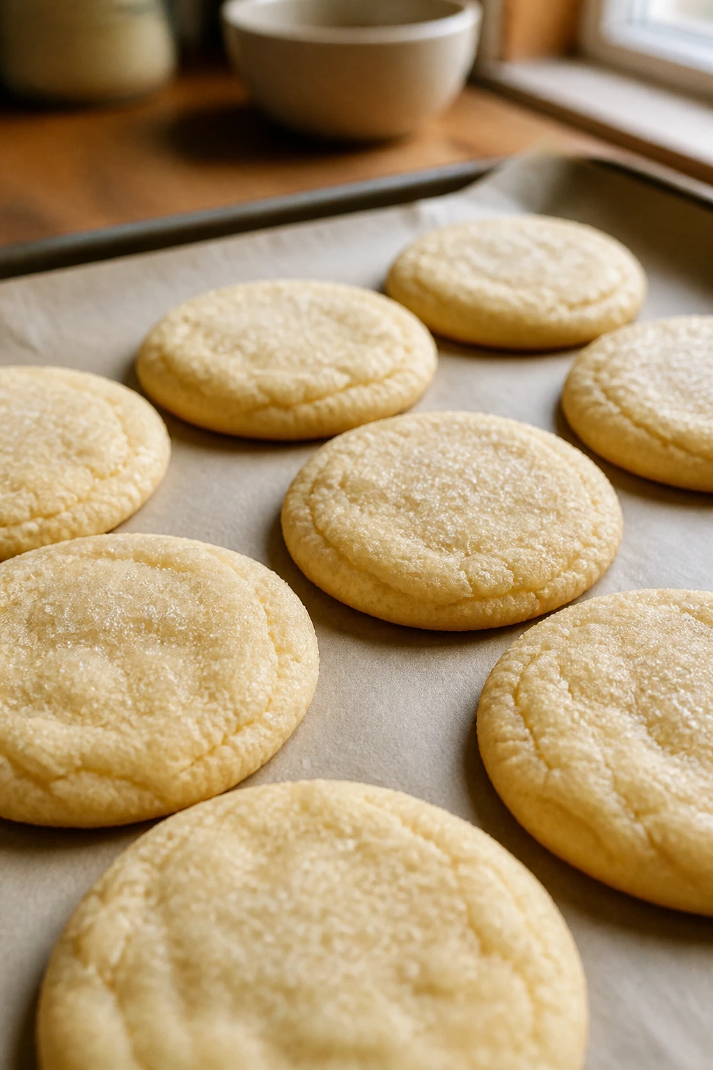 Close-up of simple sugar cookies on parchment in a warm kitchen