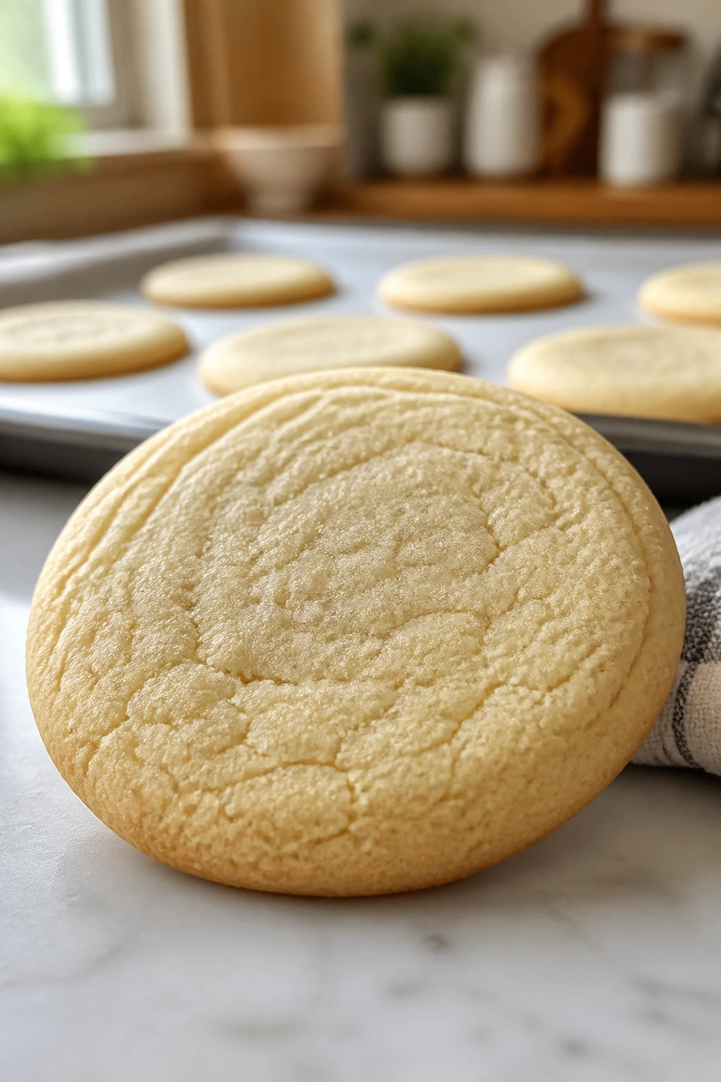 Close-up of a pale sugar cookie with a smooth surface.