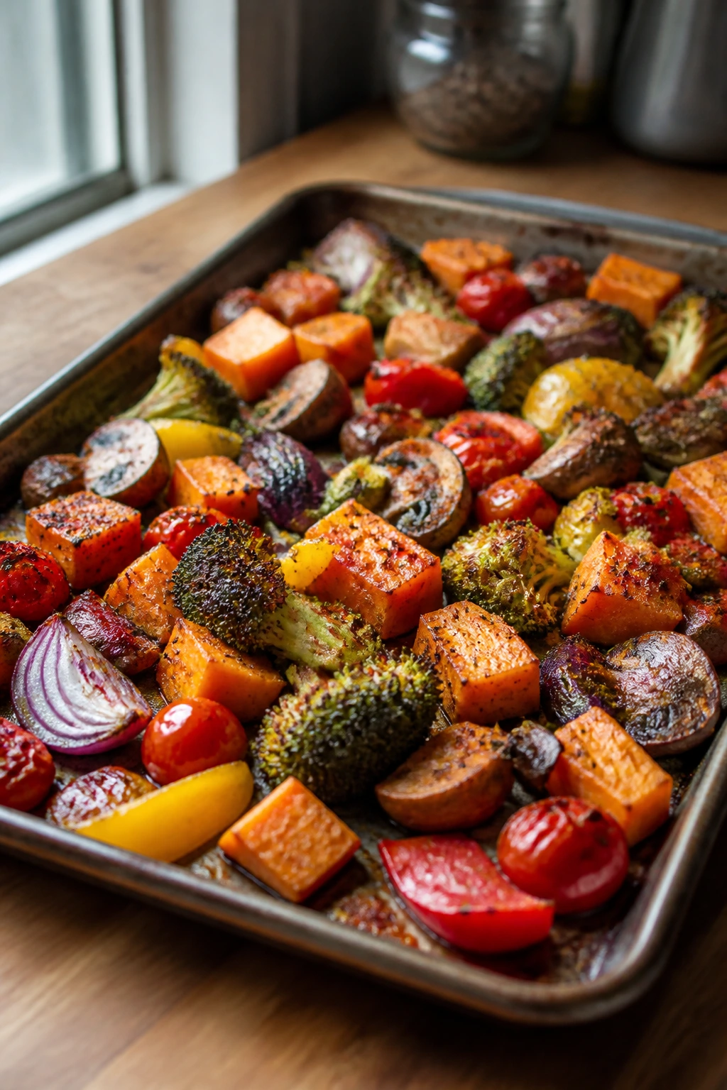 Sheet pan roasted vegetables with visible sumac dusting.