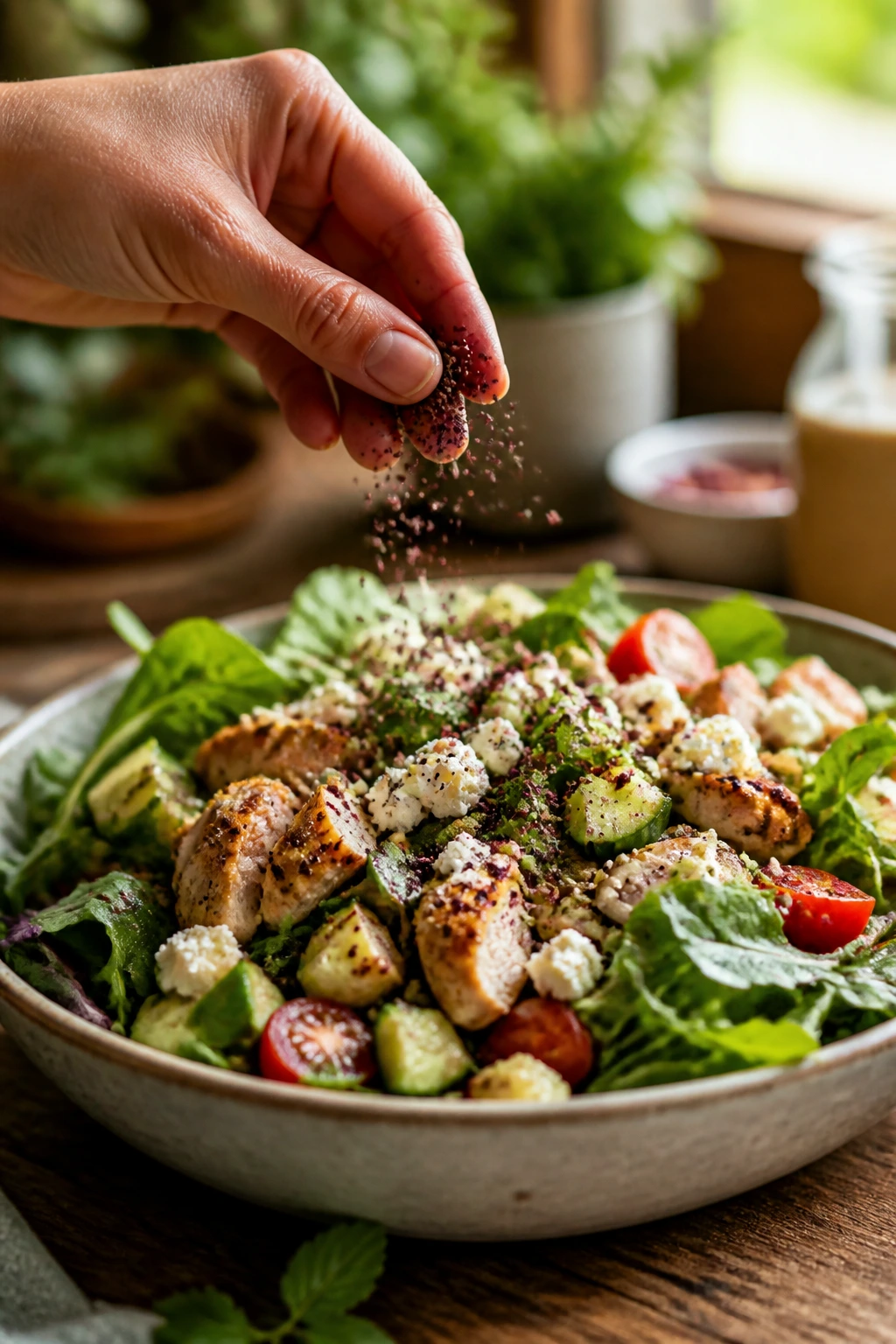 Hand sprinkling sumac over a colorful salad bowl in a kitchen