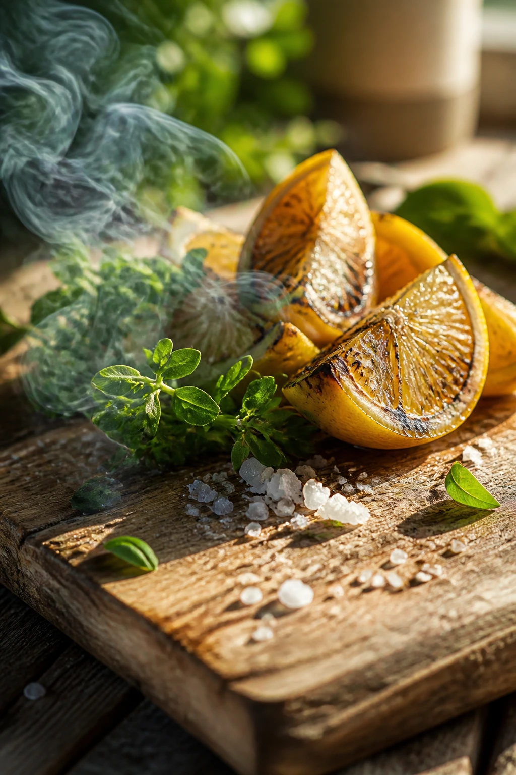 Close-up still-life showing smoke, lemon, salt on a wooden board outdoors