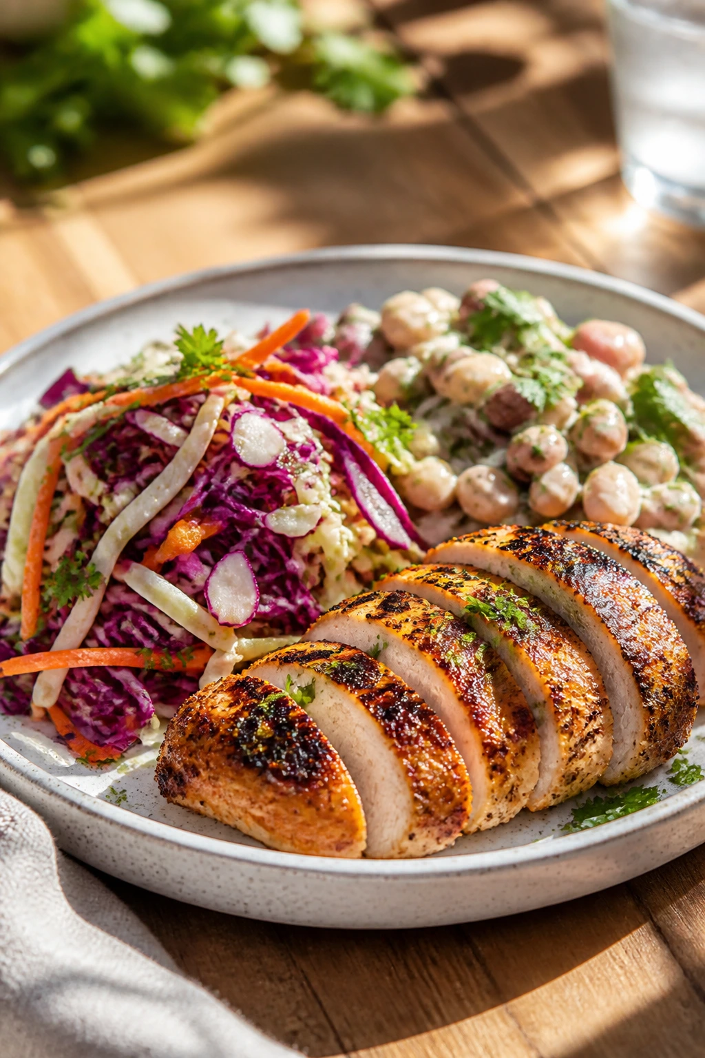 Vibrant balanced dinner plate with crisp slaw and beans