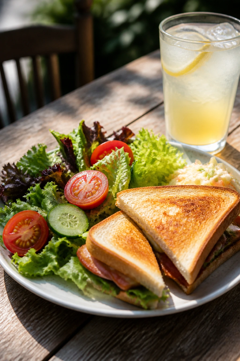 Close-up of a vibrant summer lunch plate with crisp lettuce, tomatoes, toasted bread and a glass of lemonade
