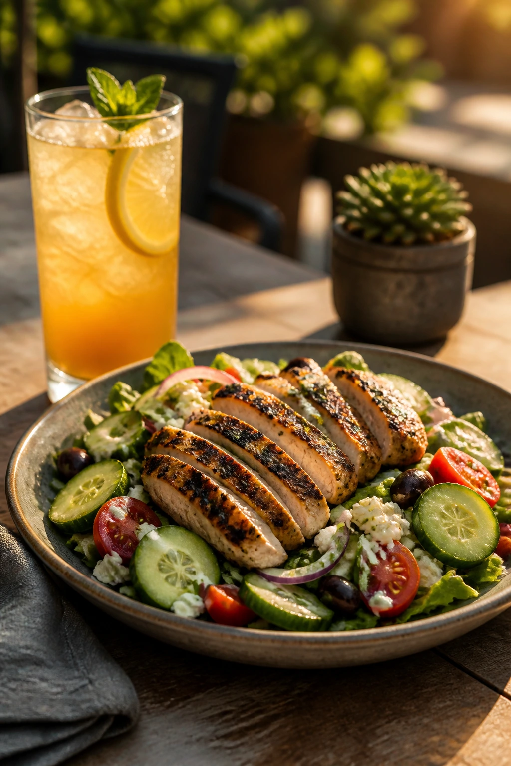 Grilled chicken lunch with crisp veggies and a citrus drink on a sunny patio