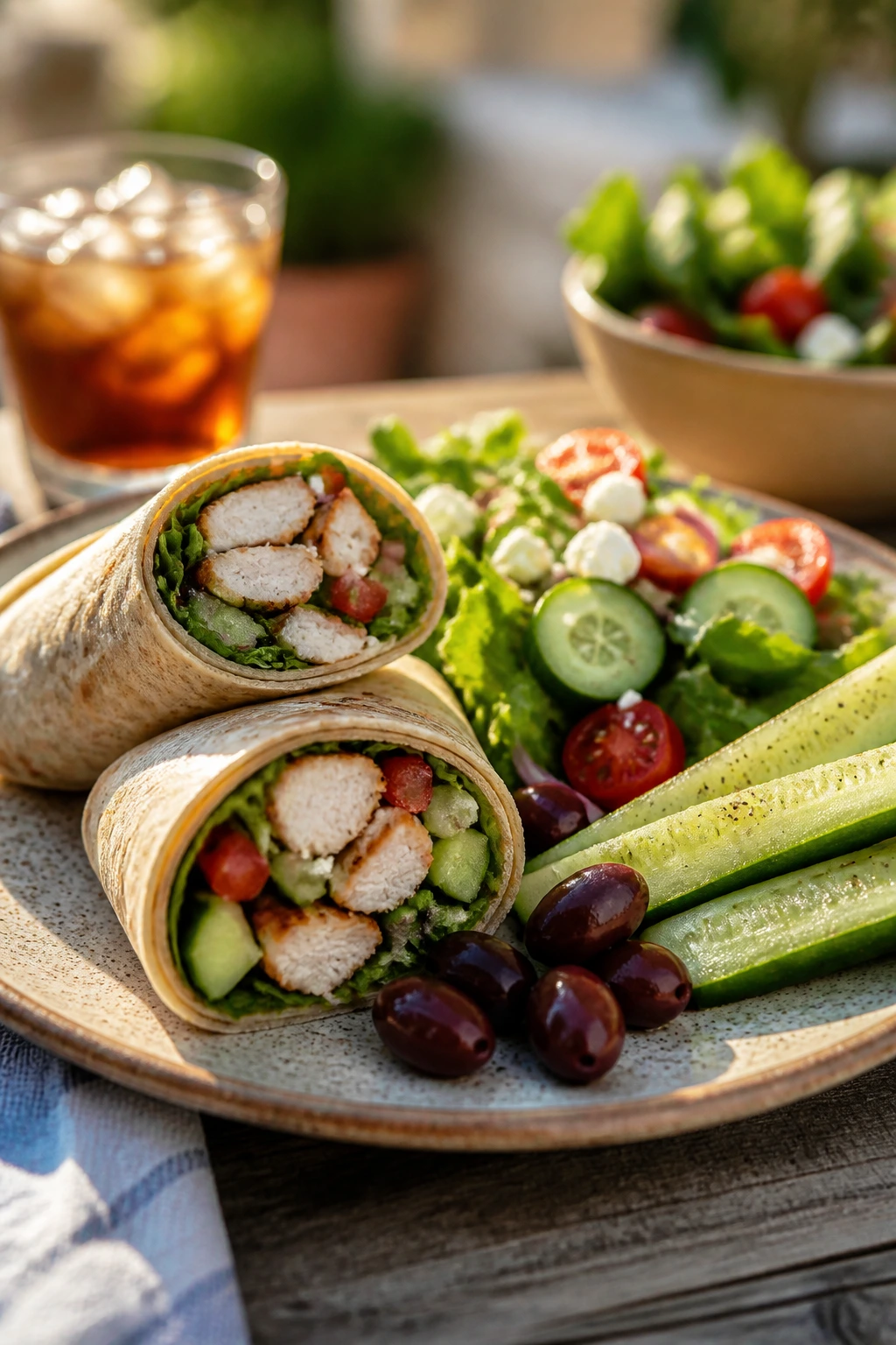 Plated summer lunch with wraps and salads on a rustic plate outdoors