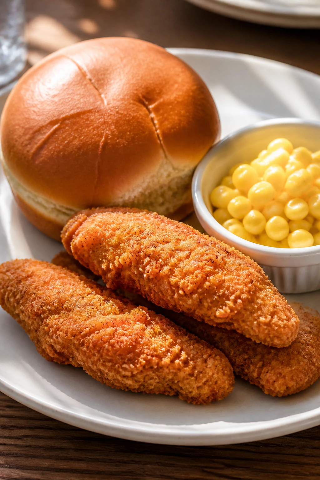 Close-up plate on a sunlit table with chicken tenders and bun for a soft summer table