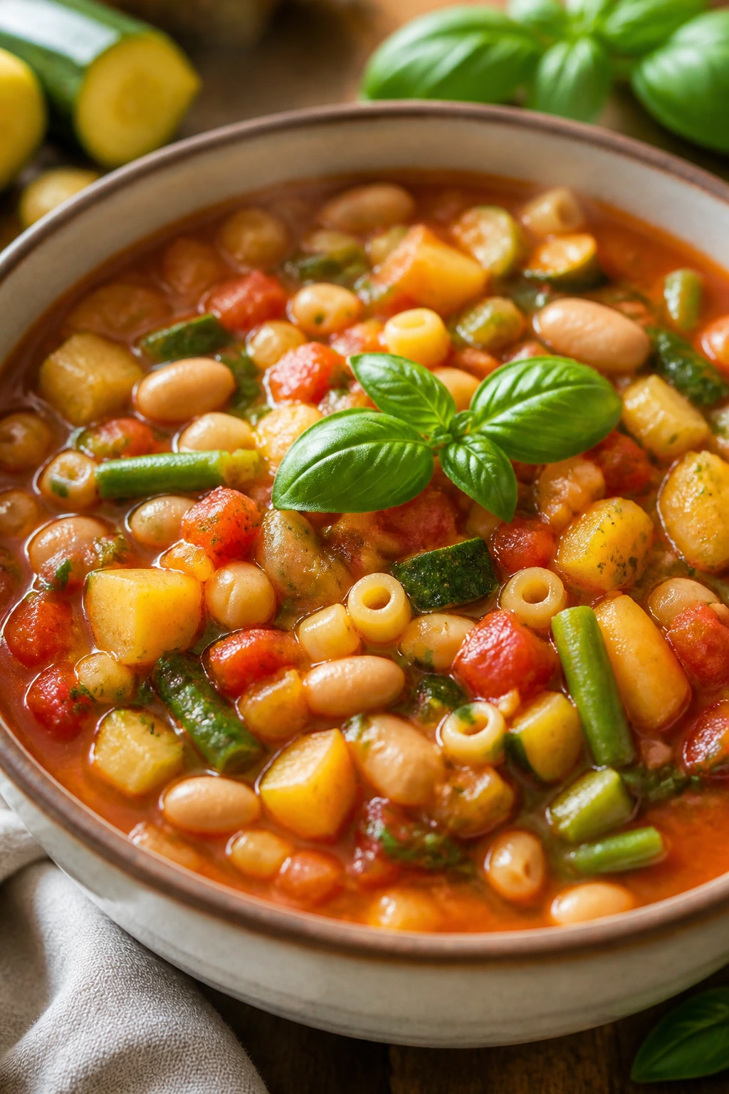 Close-up of Summer Vegetable Minestrone in a steaming bowl with zucchini and beans in a sunlit rustic kitchen
