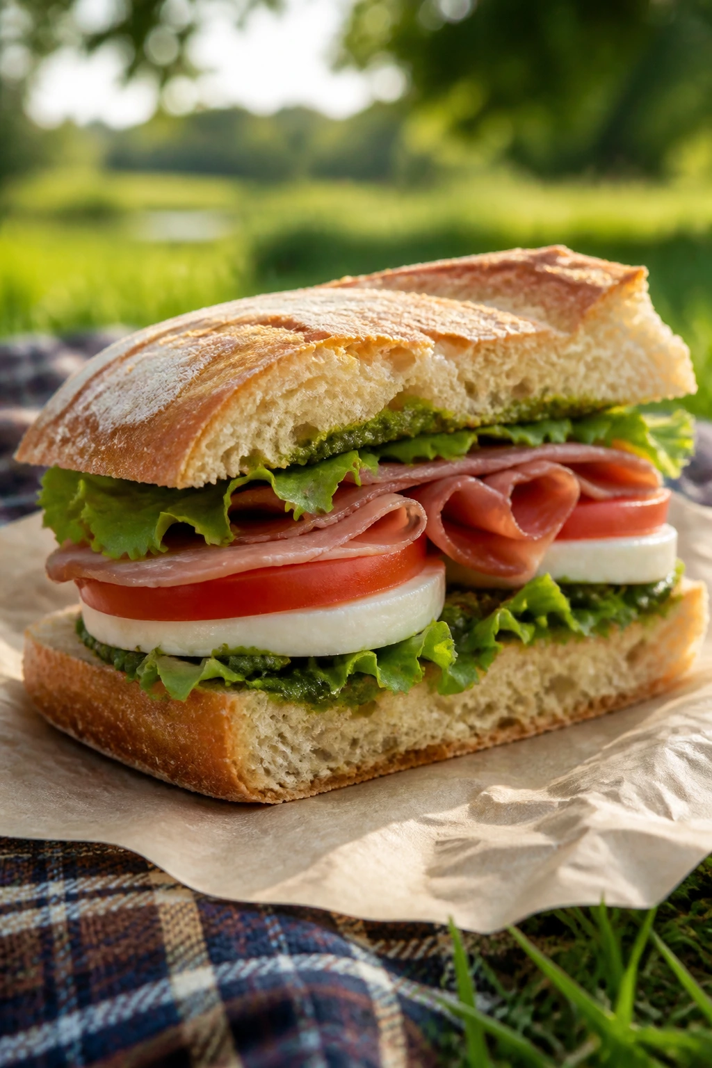 Close-up of a well-constructed summer picnic sandwich on a grassy blanket