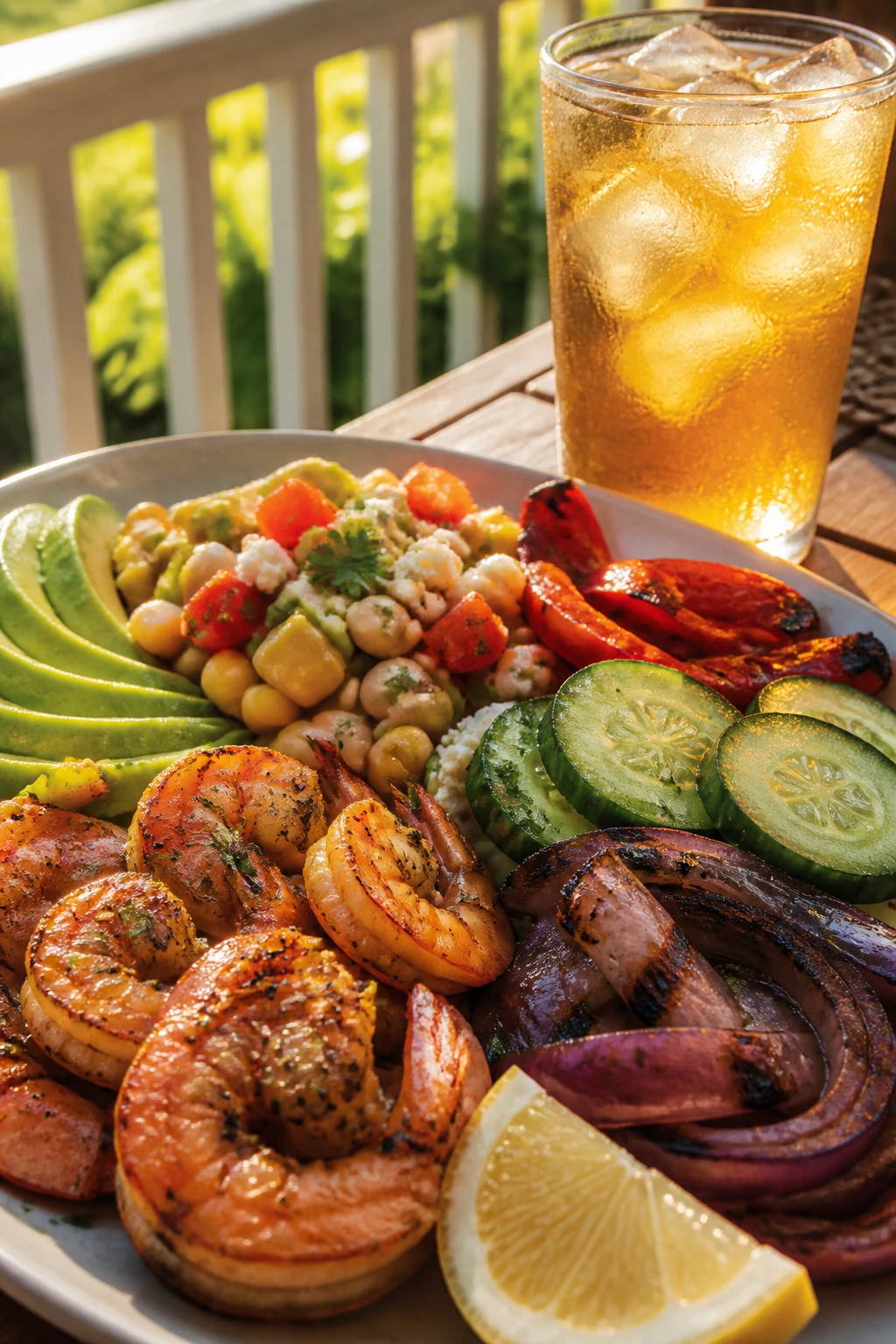 Close-up of a cool summer plate with a refreshing glass on a sunlit porch table.