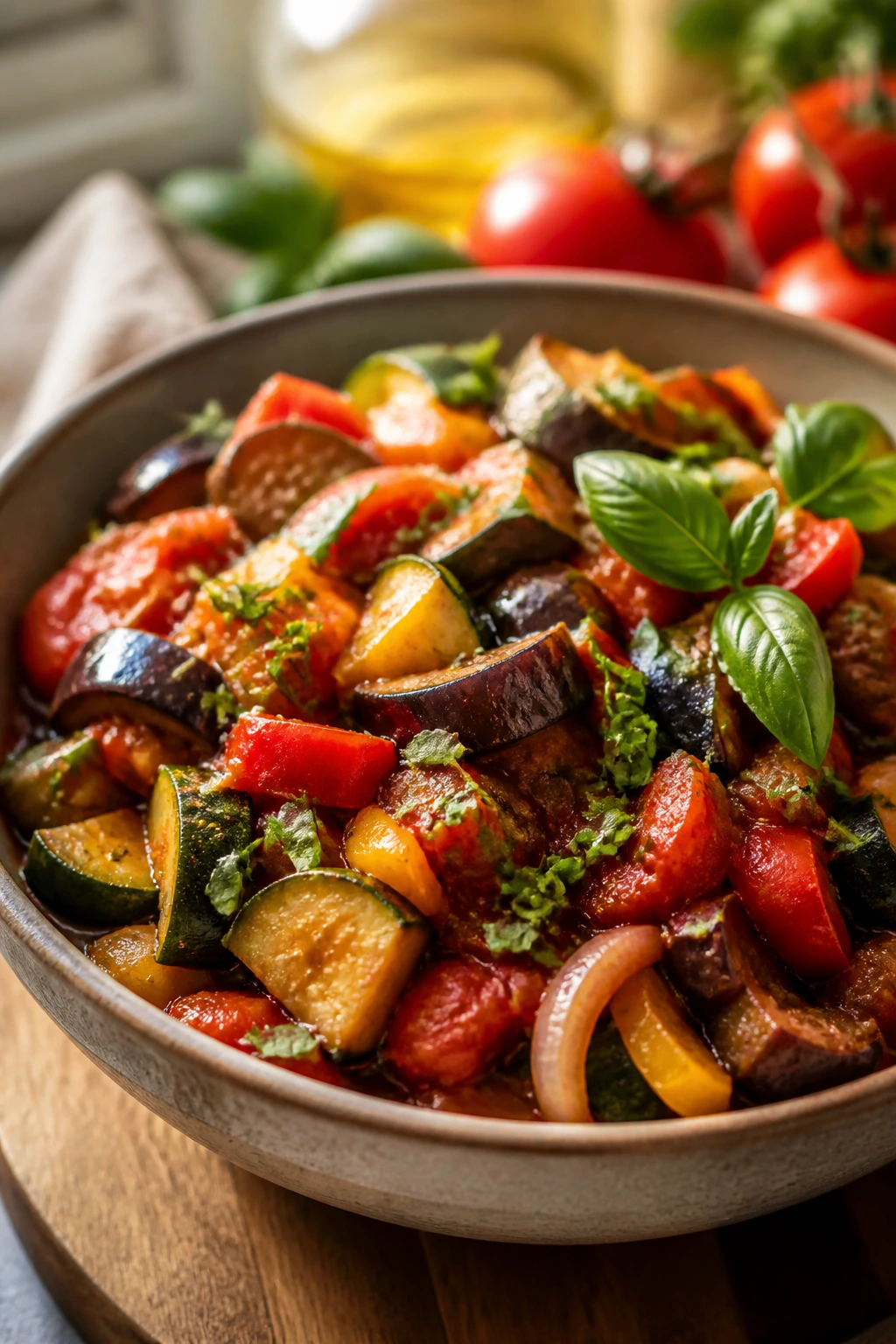 Colorful summer ratatouille in a rustic bowl