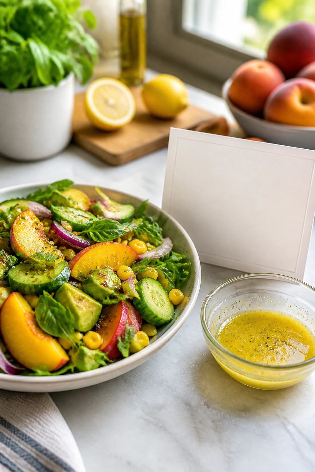 plated salad with a blank recipe card on a kitchen counter