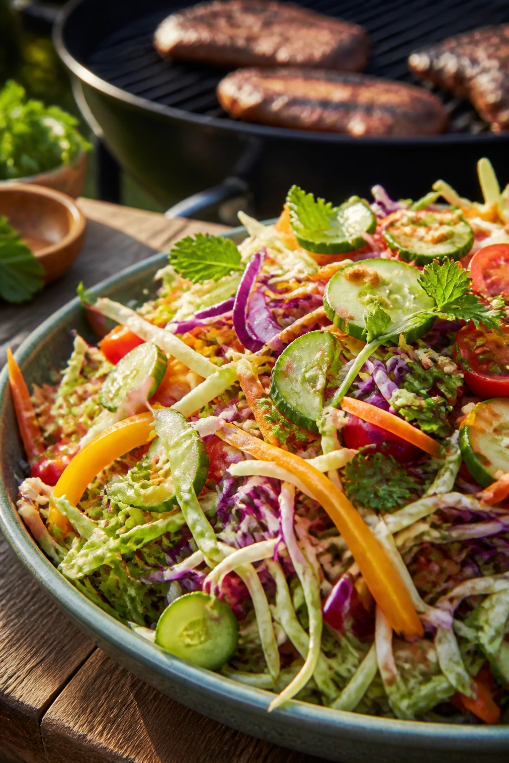 Bright bowl of mixed summer salads with crisp cabbage and herbs outdoors