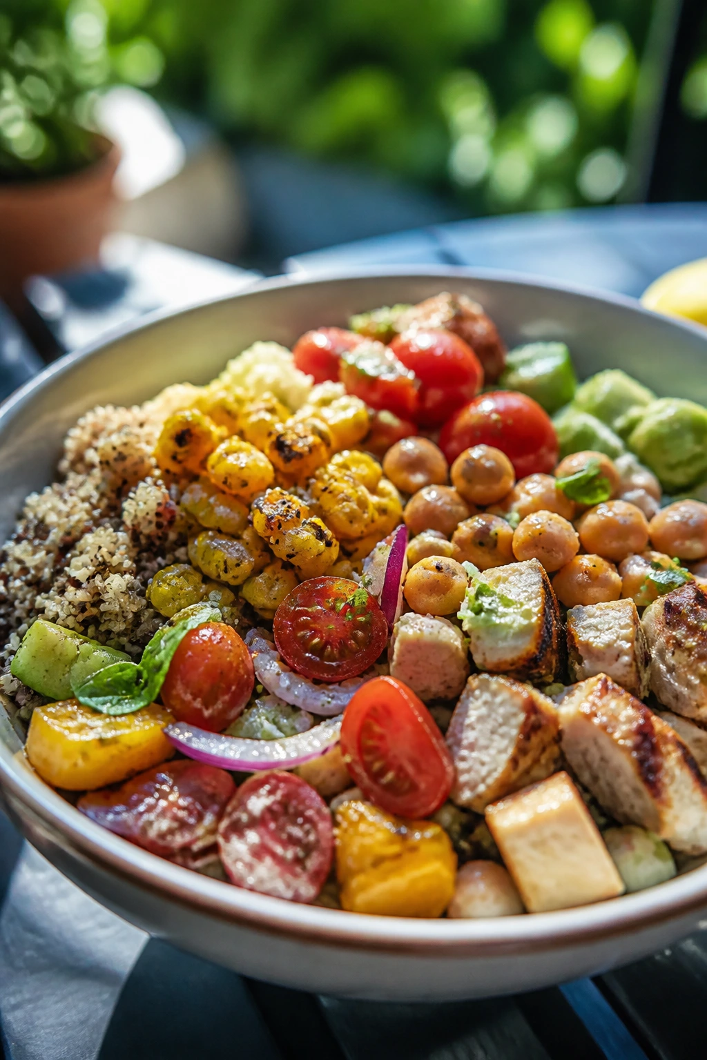 Colorful salad bowl with variety of ingredients on sunny patio
