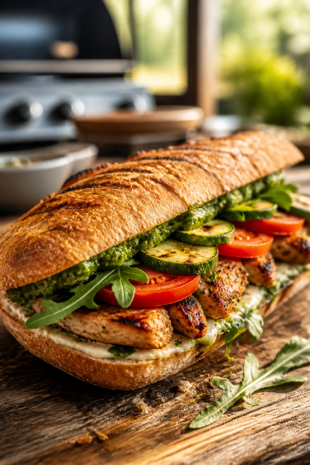 Close-up of a vibrant summer sandwich on a rustic surface