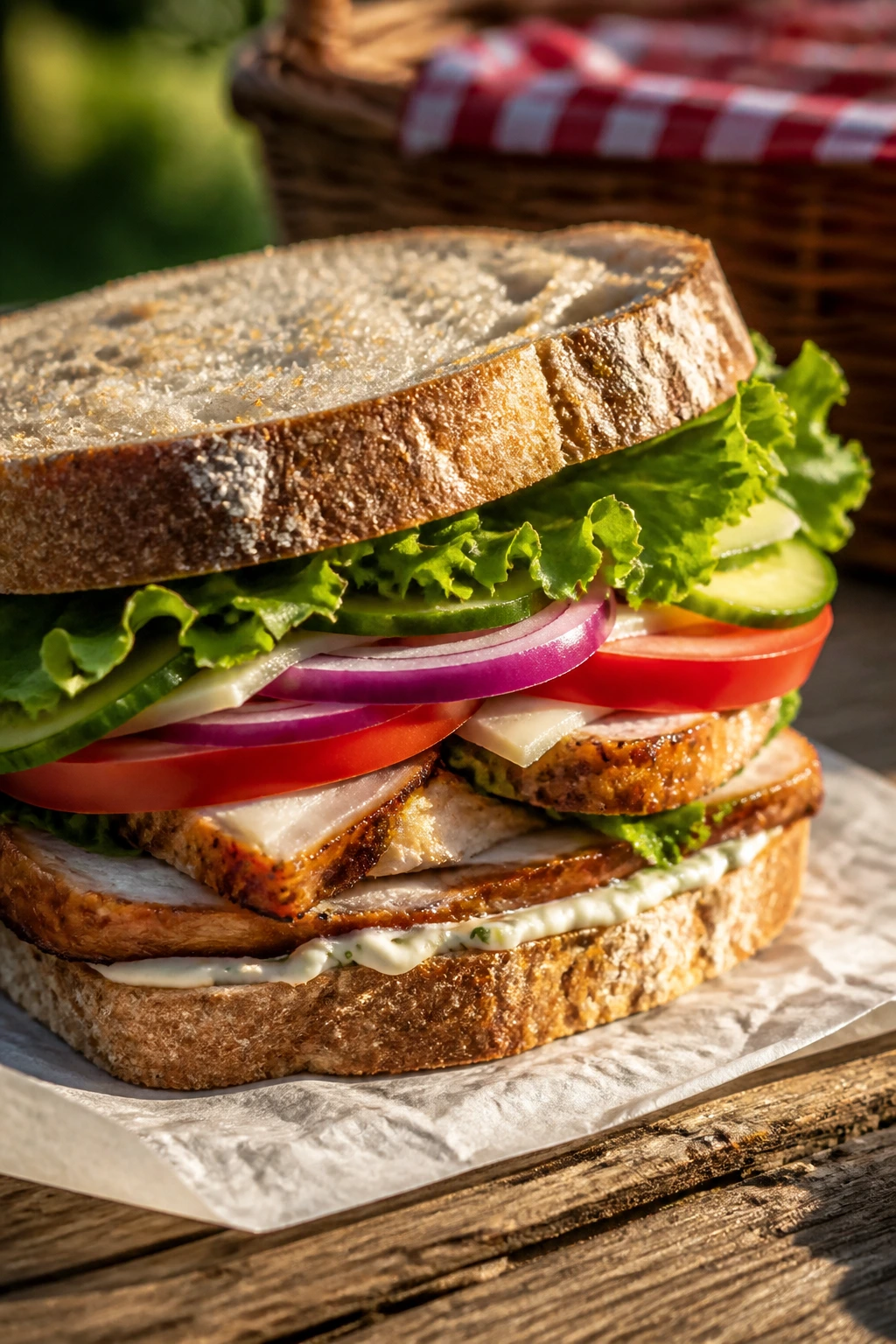 Close-up of a sturdy multi-layer summer sandwich on parchment outdoors