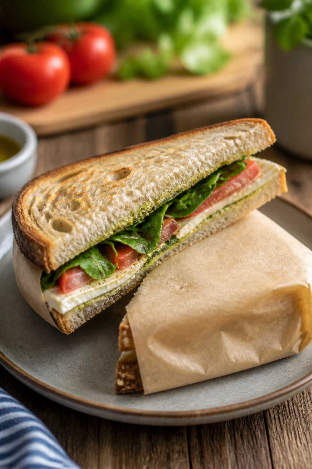 Close-up of a diagonally cut summer sandwich on a plate with parchment wrap