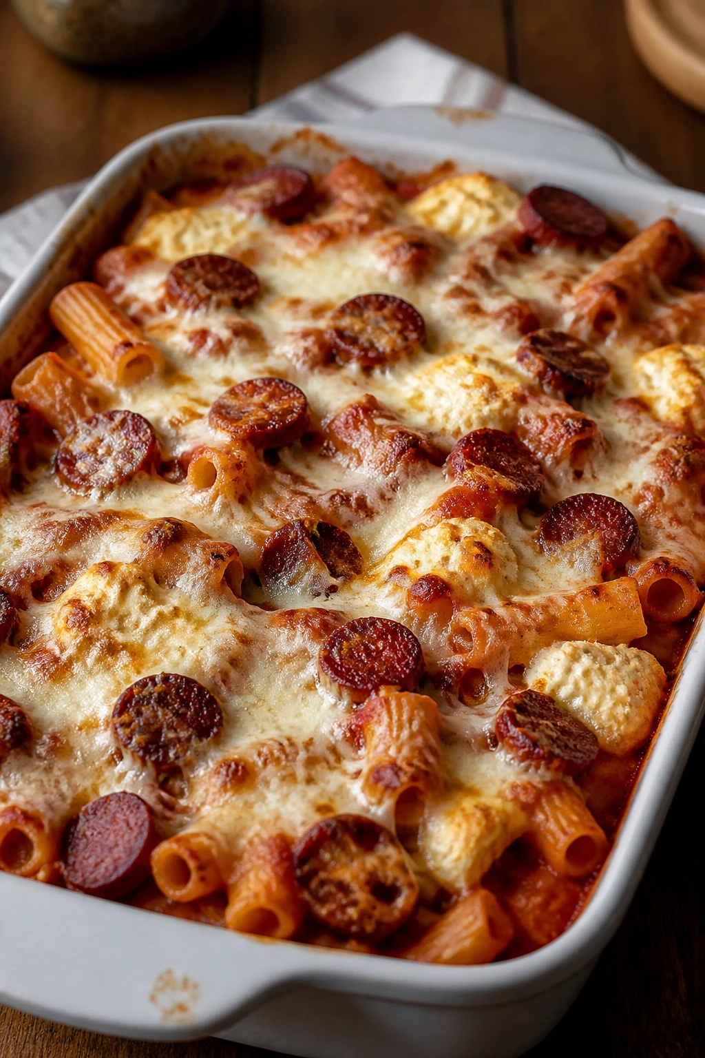 Close-up of baked ziti with sausage and bubbling cheese