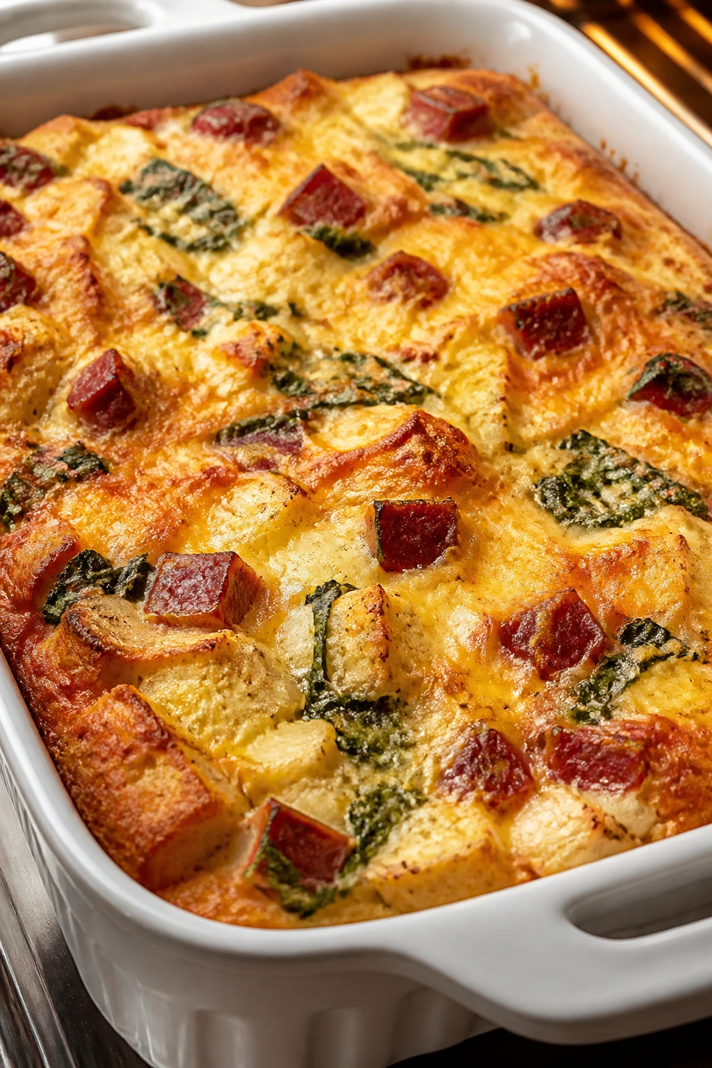 Close-up of a golden breakfast casserole with sausage on a kitchen counter