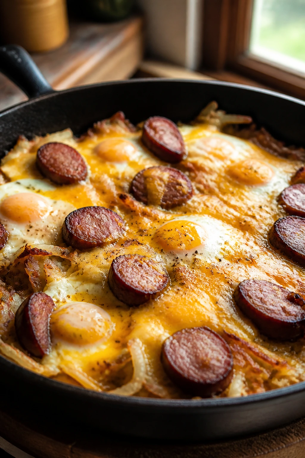 Breakfast skillet with sausage, hash browns, eggs, and cheddar