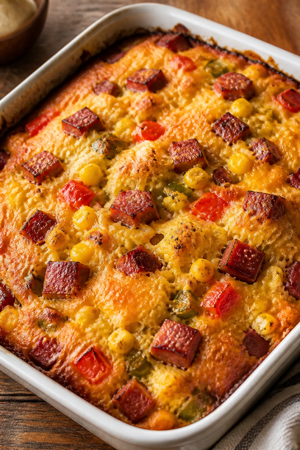 Close-up of a golden cornbread bake with sausage and corn in a rustic kitchen