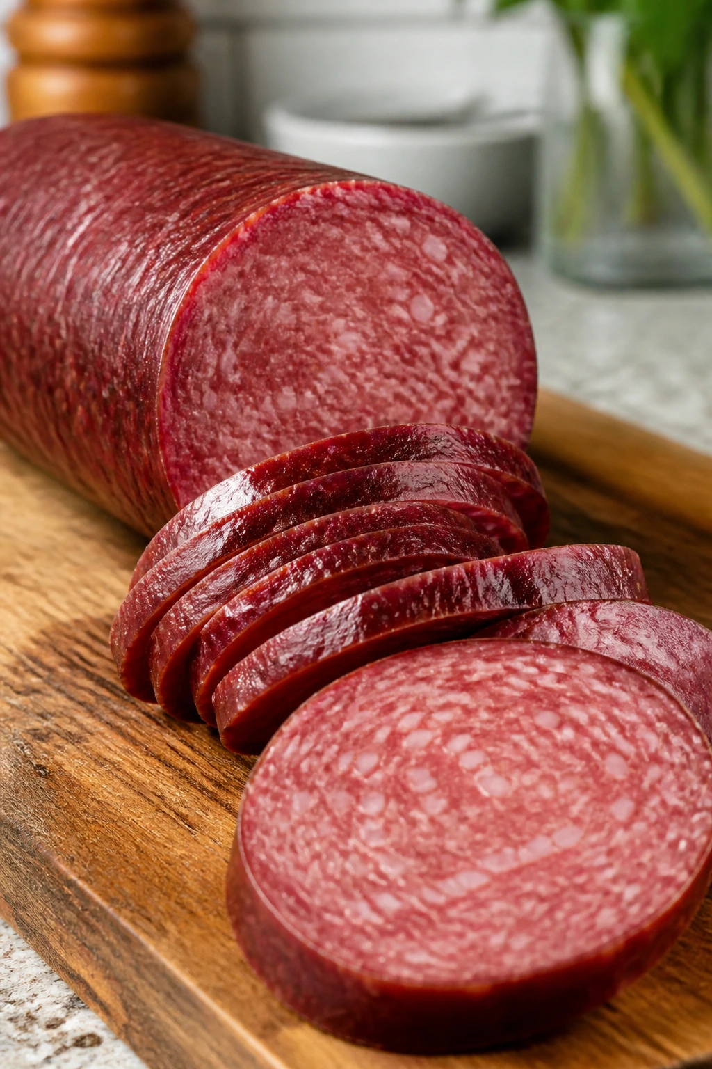 Close-up of summer sausage log with sliced rounds on cutting board