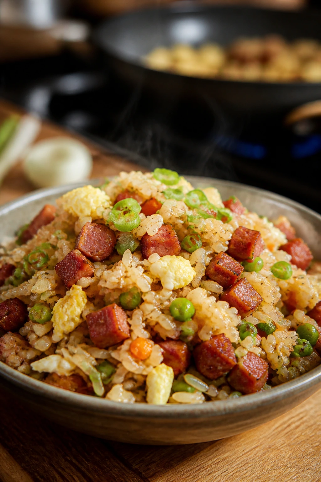 Steaming bowl of sausage fried rice with peas and eggs