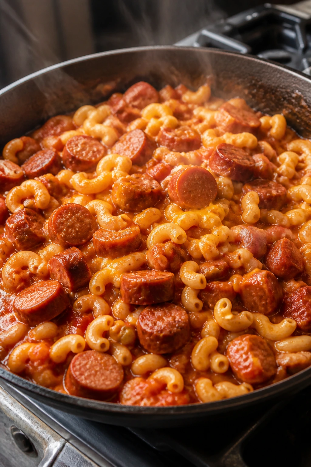 Rustic skillet goulash with sausage and pasta steaming on stovetop