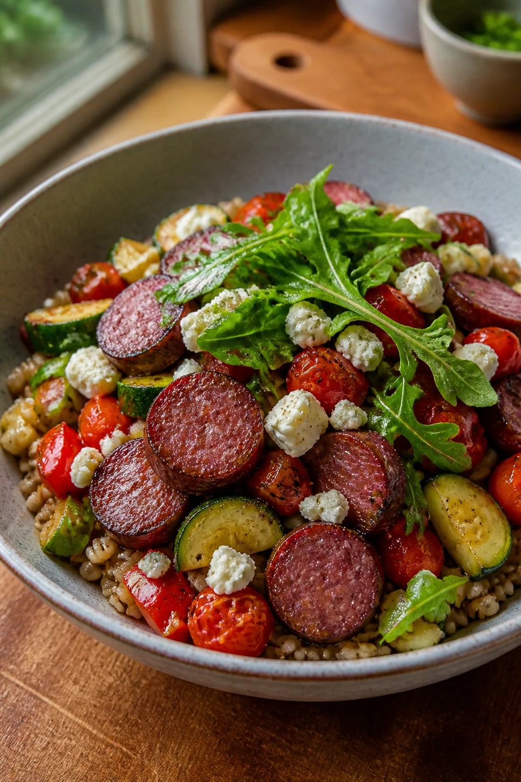 Medium close-up of a grain bowl with sausage and vegetables in a rustic bowl