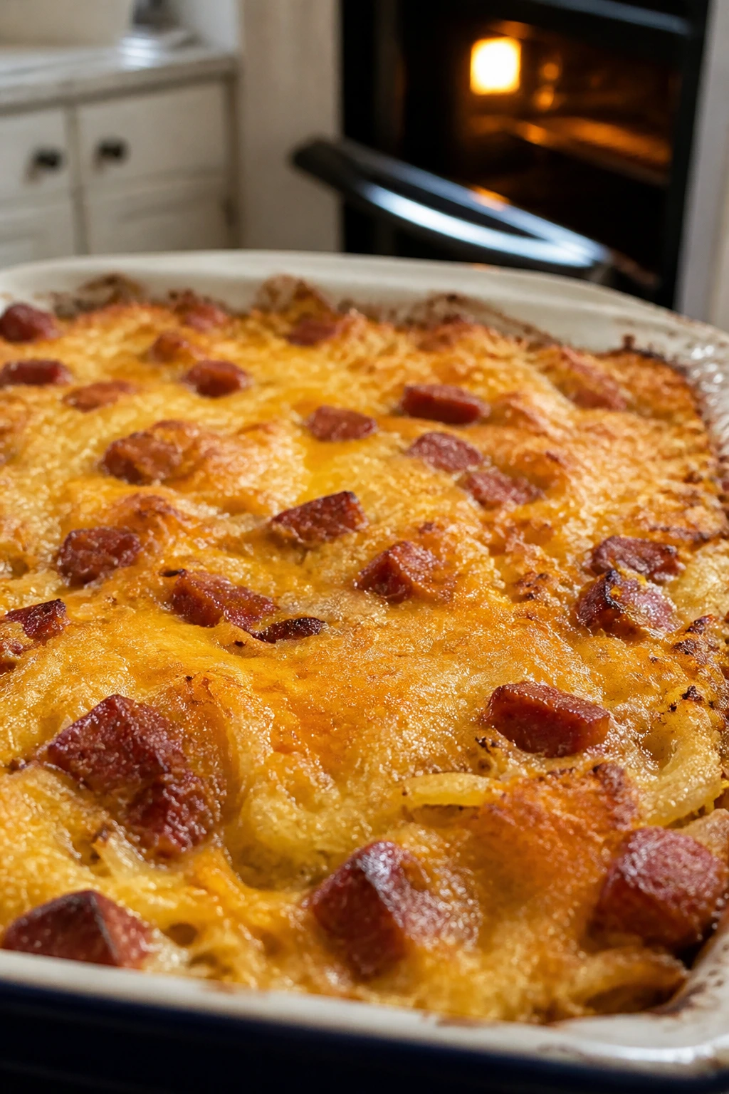 Casserole topped with cheddar and sausage